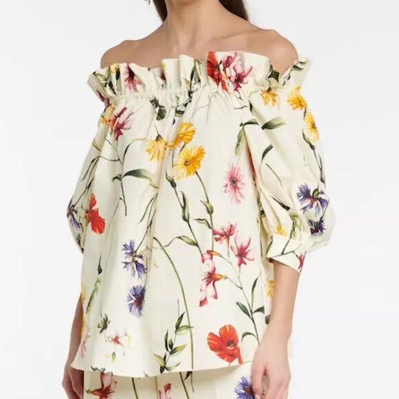 OSCAR DE LA RENTA  Off-Shoulder Floral Stretch-Cotton Blouse - White - Picture 4 of 10